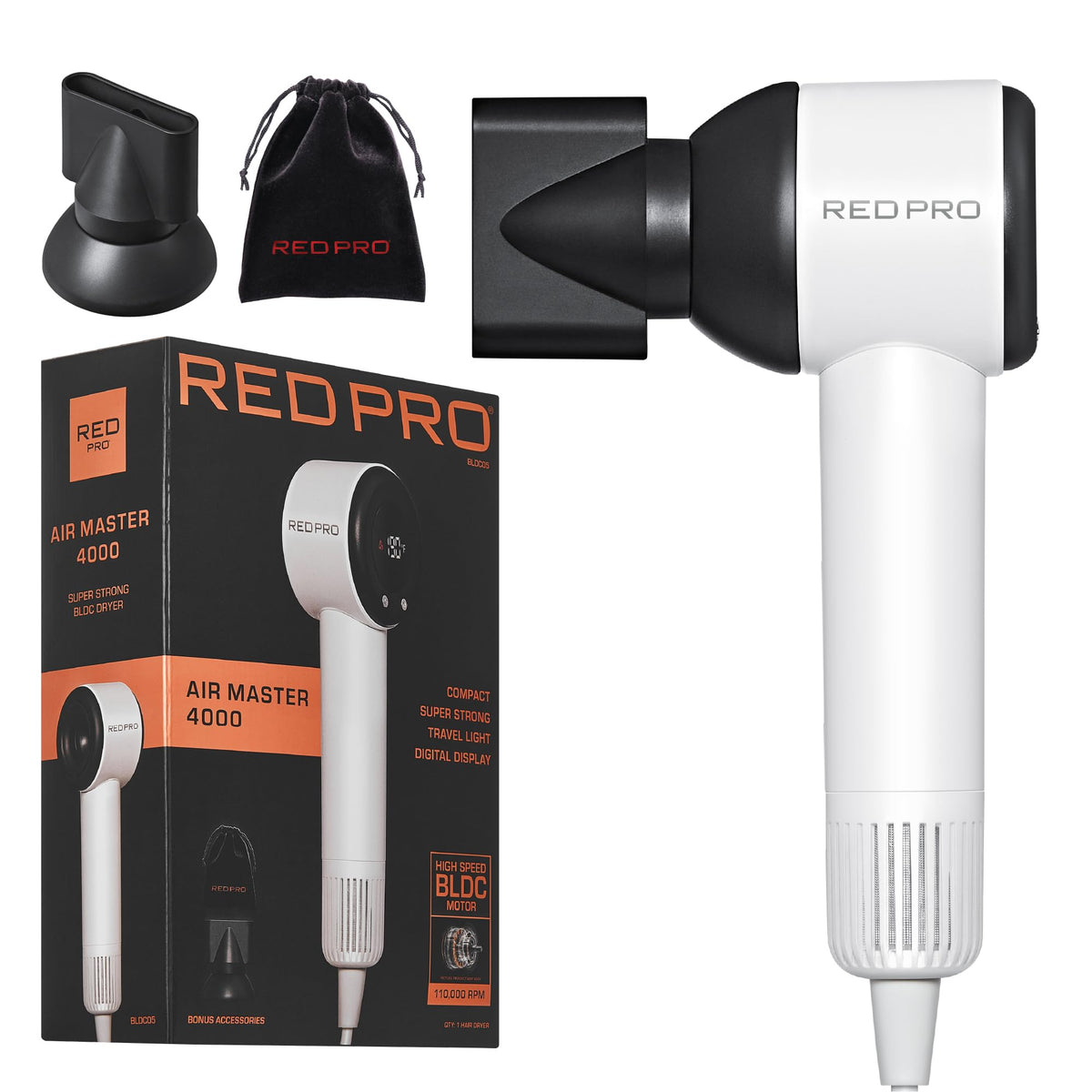 RED Pro Ultra-Lightweight Air Master 4200 Hair Dryer, High-Speed 110,000 RPM BLDC Motor, 3 Heat & 3 Speed Settings, Magnetic Nozzle & Styling Pik Attachments, Lightweight Blow Dryer (Black)