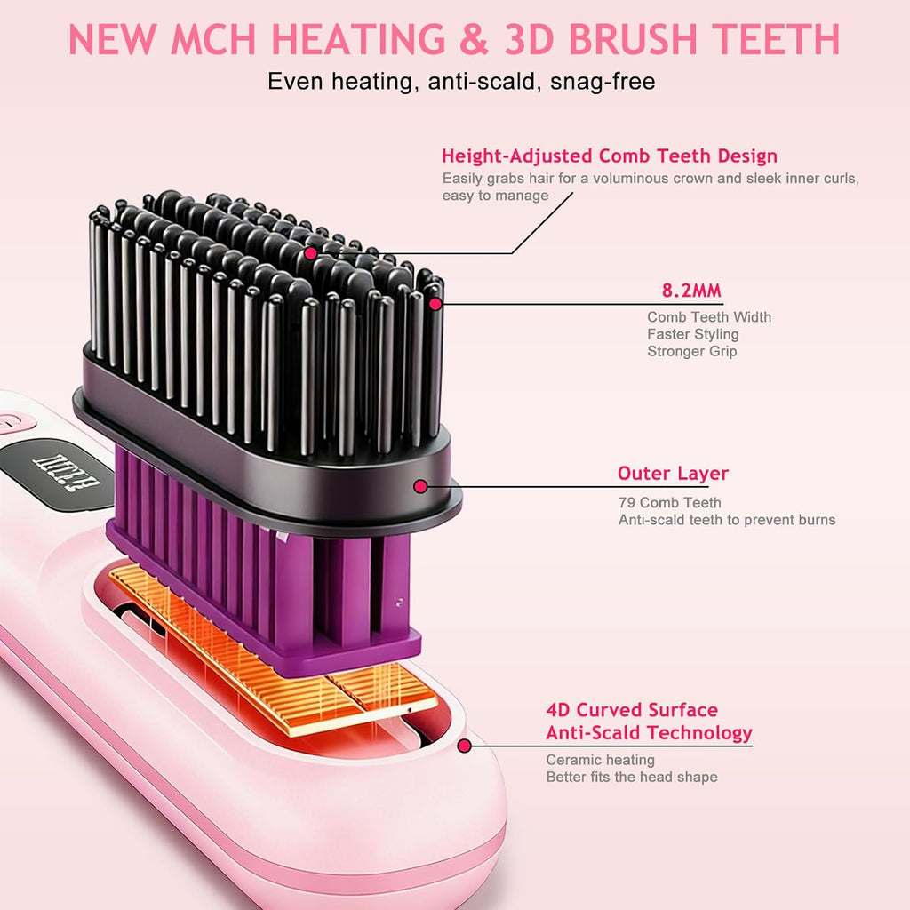 New Go Brush Pro 2026 Cordless Hair Straightener Brush, 199M Ionic, 1-MIN Fast Heat,79 Teeth for MCH Salon Smoothness, 4000mAh 40-Min Runtime, 3-Temp&Travel, Auto Shut-Off, Used for Fine to Wavy Hair
