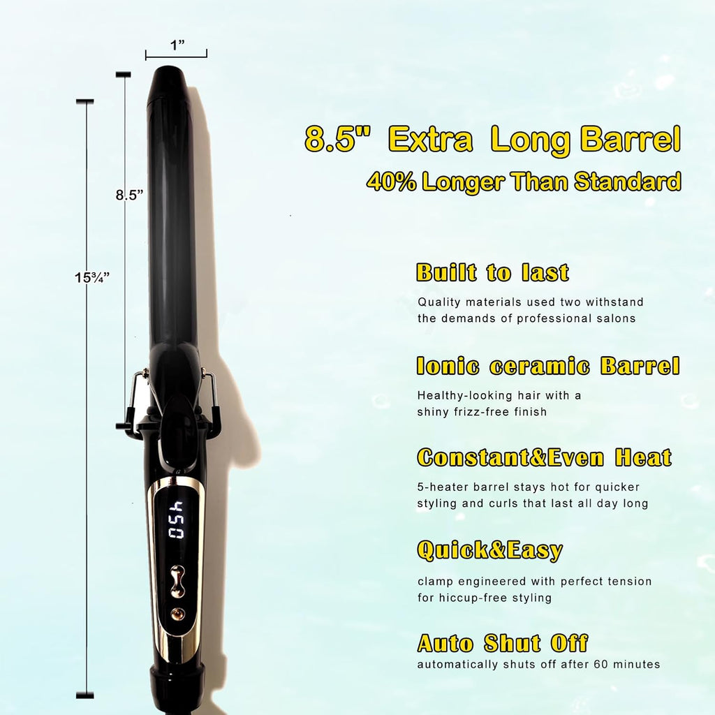 abp 1 Inch Curling Iron Extra Long Barrel with Clamp Instant Heatup to 450F
