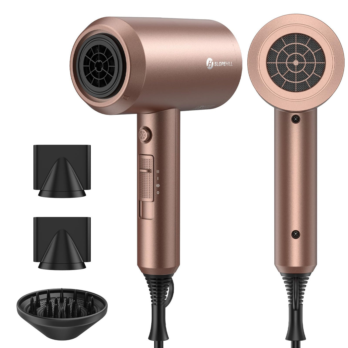 slopehill Professional Ionic Hair Dryer, Powerful 1800W Fast Drying Low Noise Blow Dryer with 2 Concentrator Nozzle 1 Diffuser Attachments for Home Salon Travel (Black)