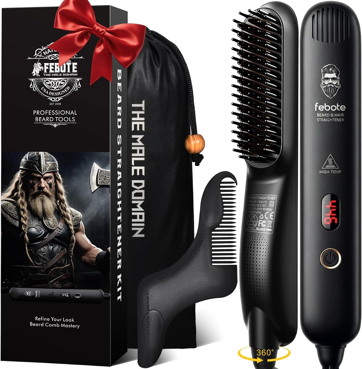 Heated Ionic Hair Straightening Brush for Men - 5 Temperature Settings, Anti-Scald, Beard Shaper & Travel Bag