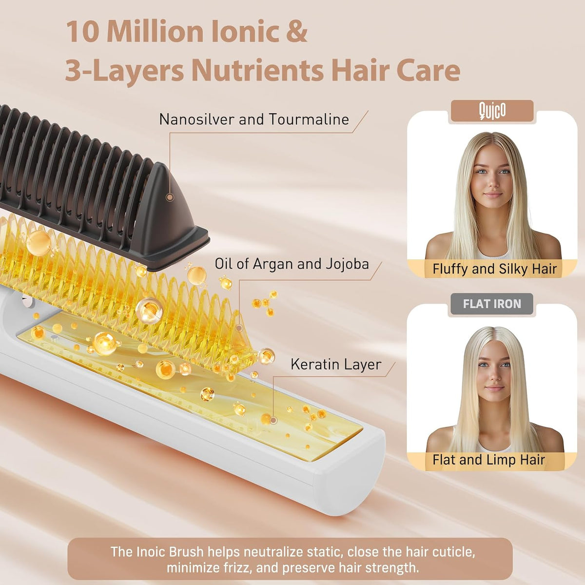 Quico Hair Straightener Brush, 100-240V Dual Voltage Straightener Brush