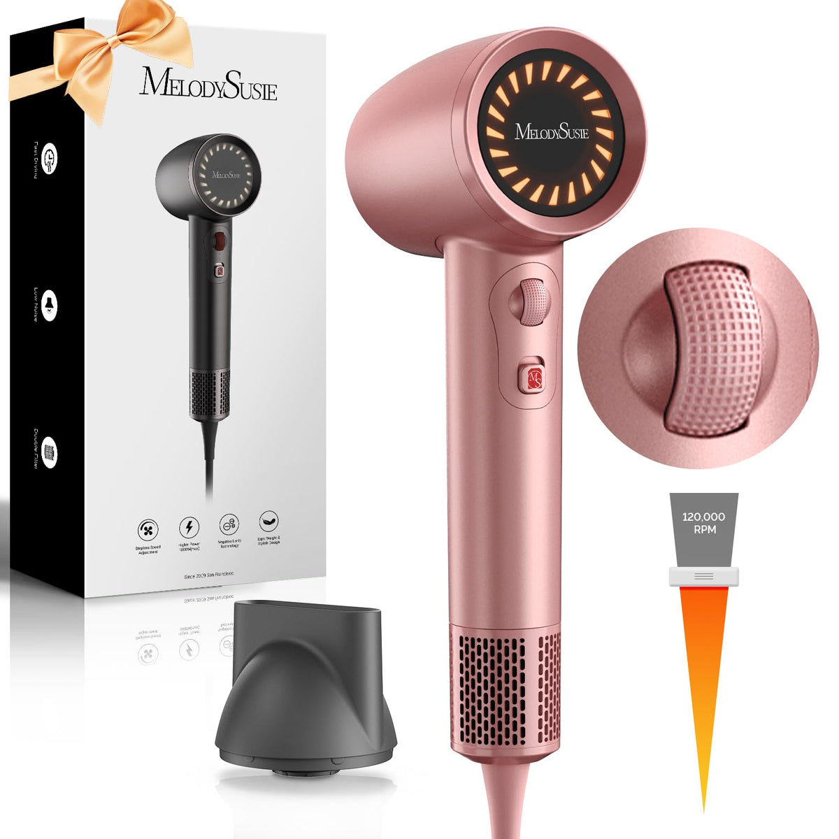 MelodySusie Hair Dryer,1600W Professional Ionic Hair Dryer for Fast Drying, 120,000 RPM High Speed Hair Blow Dryer with Nozzle for Home Salon Travel Without Hair Damage