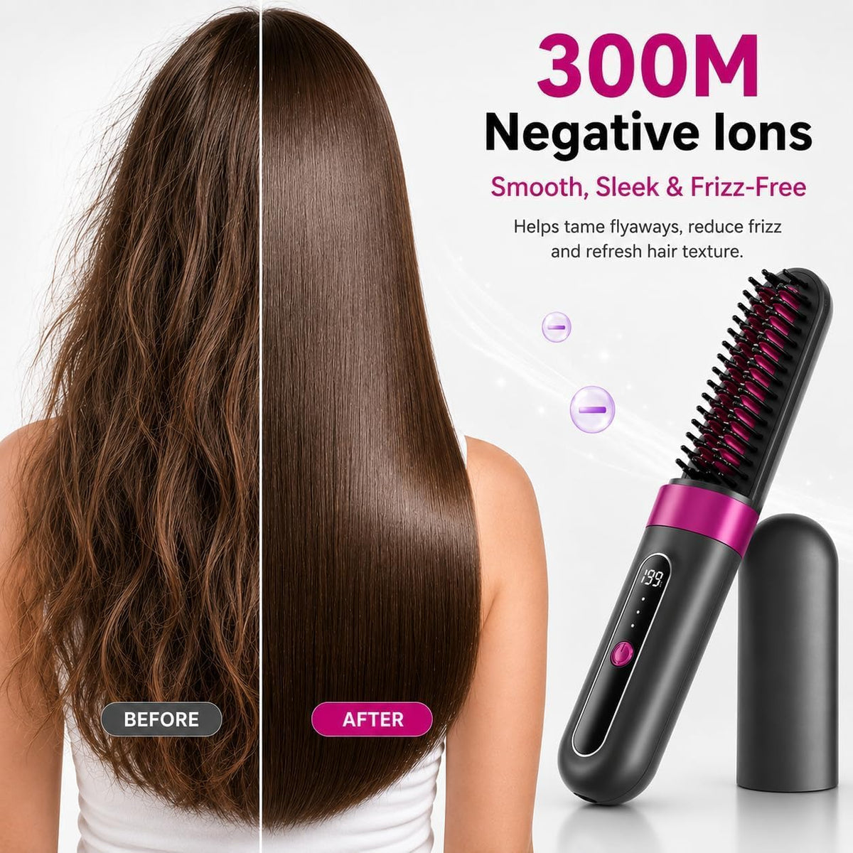 Cordless Hair Straightener Brush for Women, Fast Heating Anti-Frizz Hair Styling Tool, 3 Heat Settings, 300M Negative Ions, Portable Rechargeable Straightening Brush for Travel & Daily Use