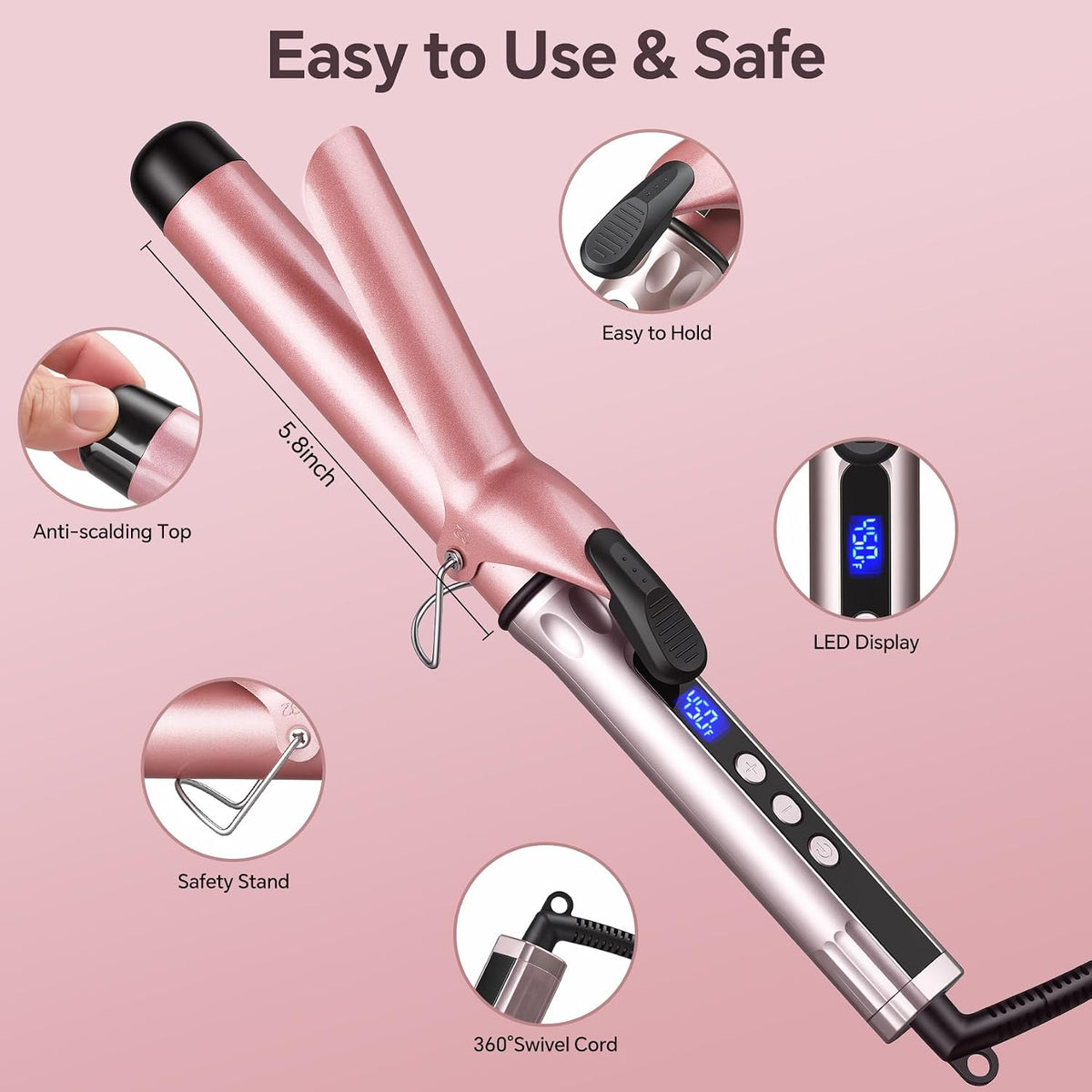 JAETON Hair Curling Iron Wand 1 1/4-Inch for Loose Curls, 190-450℉