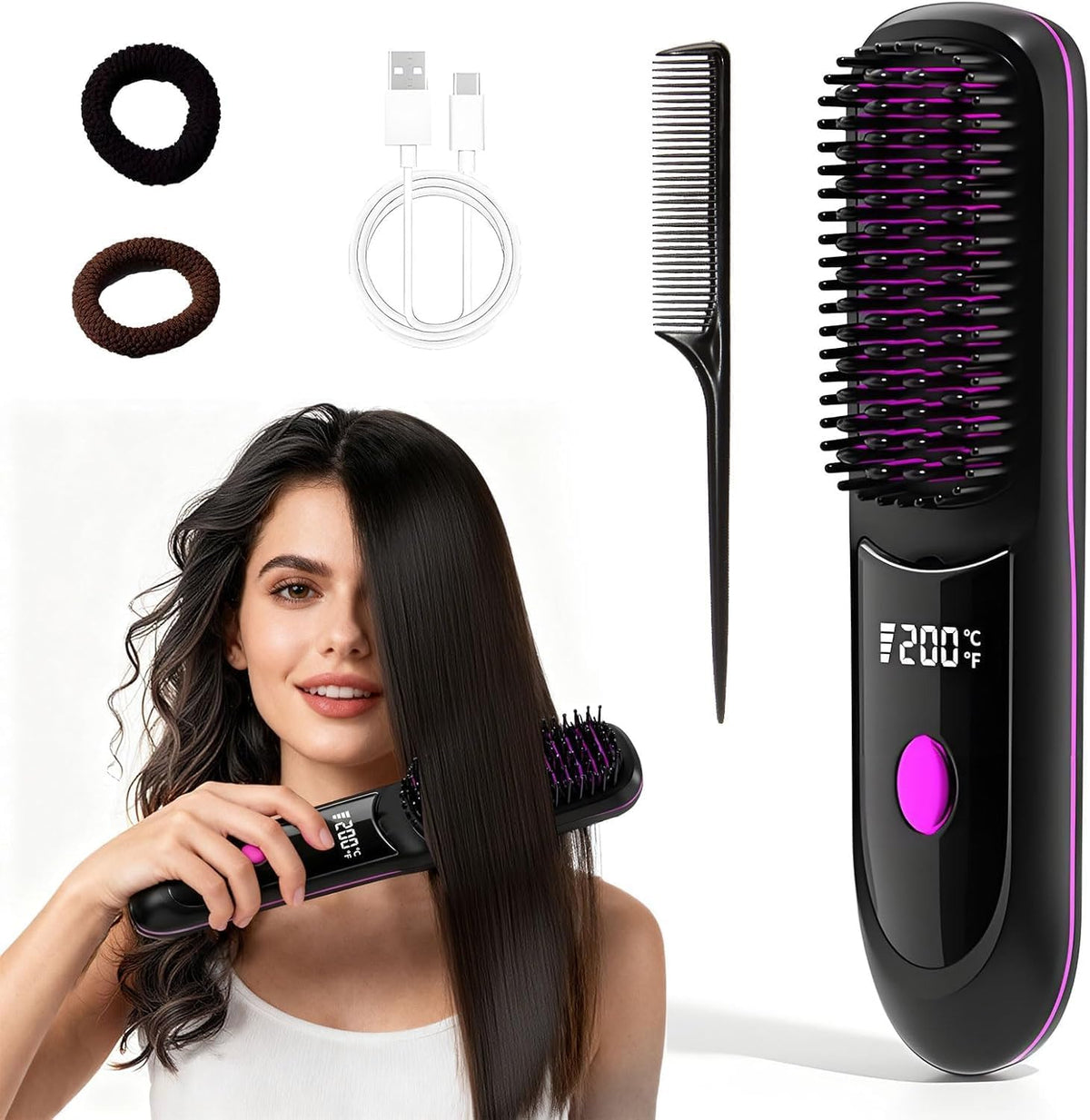 Cordless Straightening Brush, Black, Mini for Travel