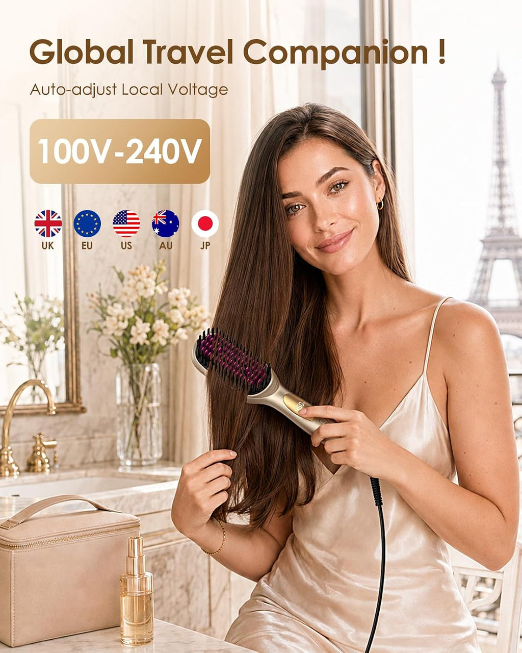 Dual Voltage Hair Straightener Brush, 1000 Million Ionic Upgraded Ceramic