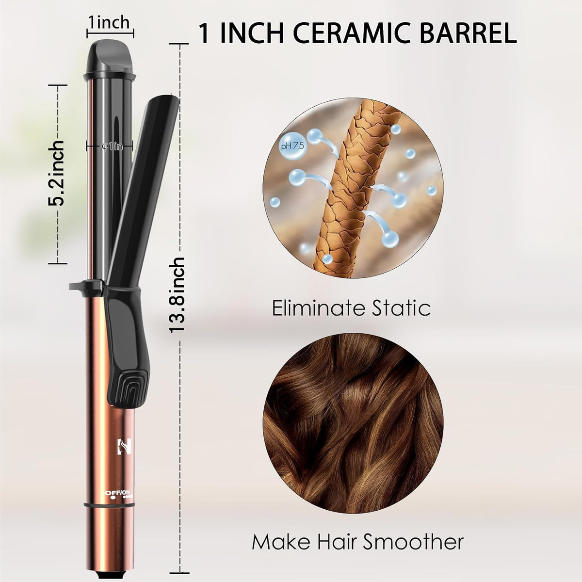 Nicebay 1 Inch Curling Iron, 60s Fast Heating, 60 Mins Auto Off, Light Gold