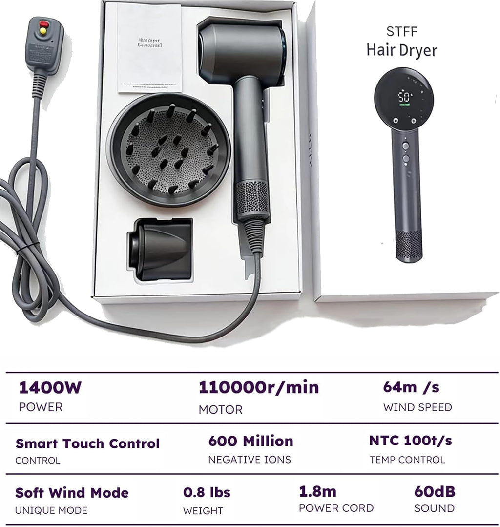 STFF ion Hair Dryer high Speed brushless Motor with Blow Dryer Diffuser,1400W Ultra-Fast Dryer,Ultra-Ligh, Low Noise,Intelligent LCD Display,for Women/Children