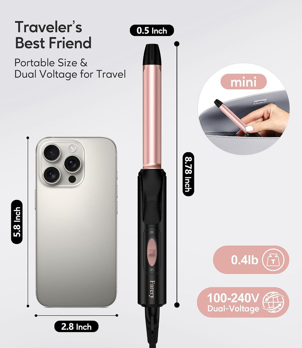 FARERY Mini Curling Iron for Short Hair, 1/2 Inch, Dual Voltage 100-240V