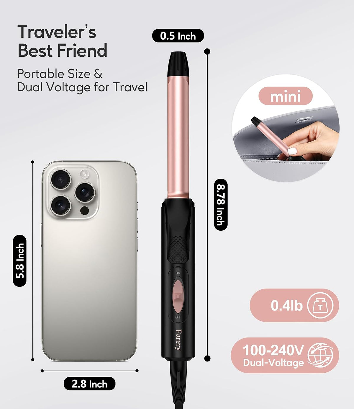 FARERY Mini Curling Iron for Short Hair, 1/2 Inch, Dual Voltage 100-240V