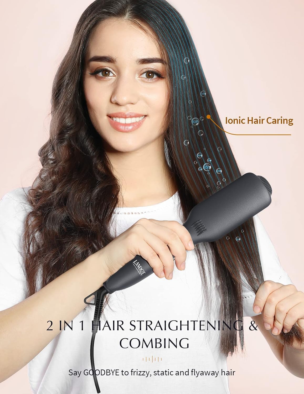 LANDOT Hair Straightener Brush for Women, Ionic Ceramic Heated Hot Brush