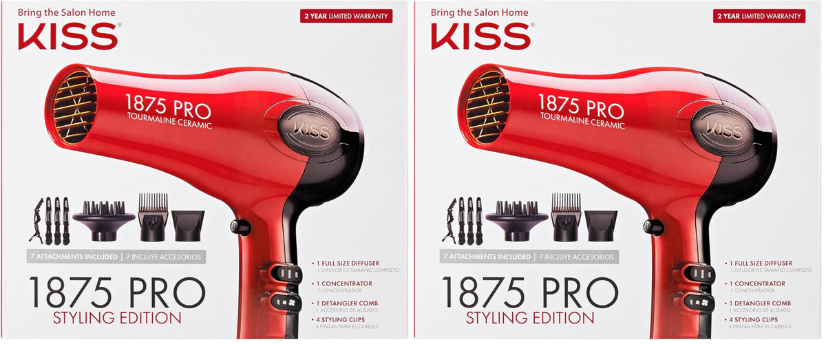 Kiss 1875 Watt Pro Tourmaline Ceramic Hair Dryer, Styling Edition, 3 Heat Settings, 2 Speed Settings, Cool Shot Button, 7 Blow Dryer Accessories Included, 2-Year Warranty - Red