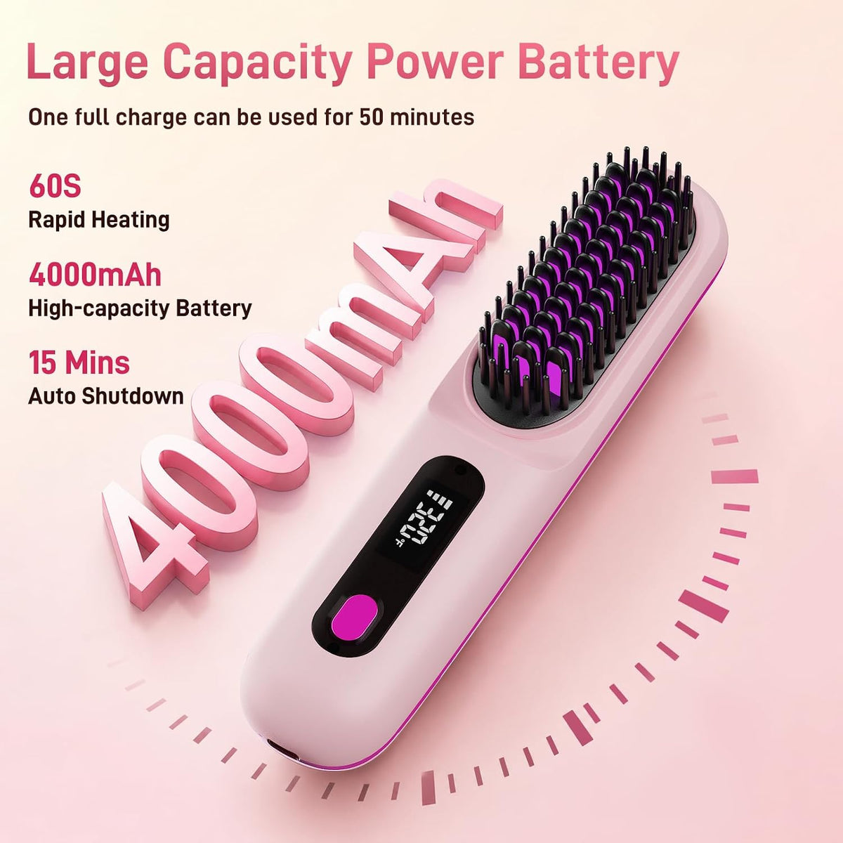 2026 Upgraded Cordless Straightening Brush, Go Brush Pro Hair Straightener Brush, MCH Fast Heating, 3 Temp Settings, 4000mAh Type-C Rechargeable Portable Travel Styling Tool (Pink)