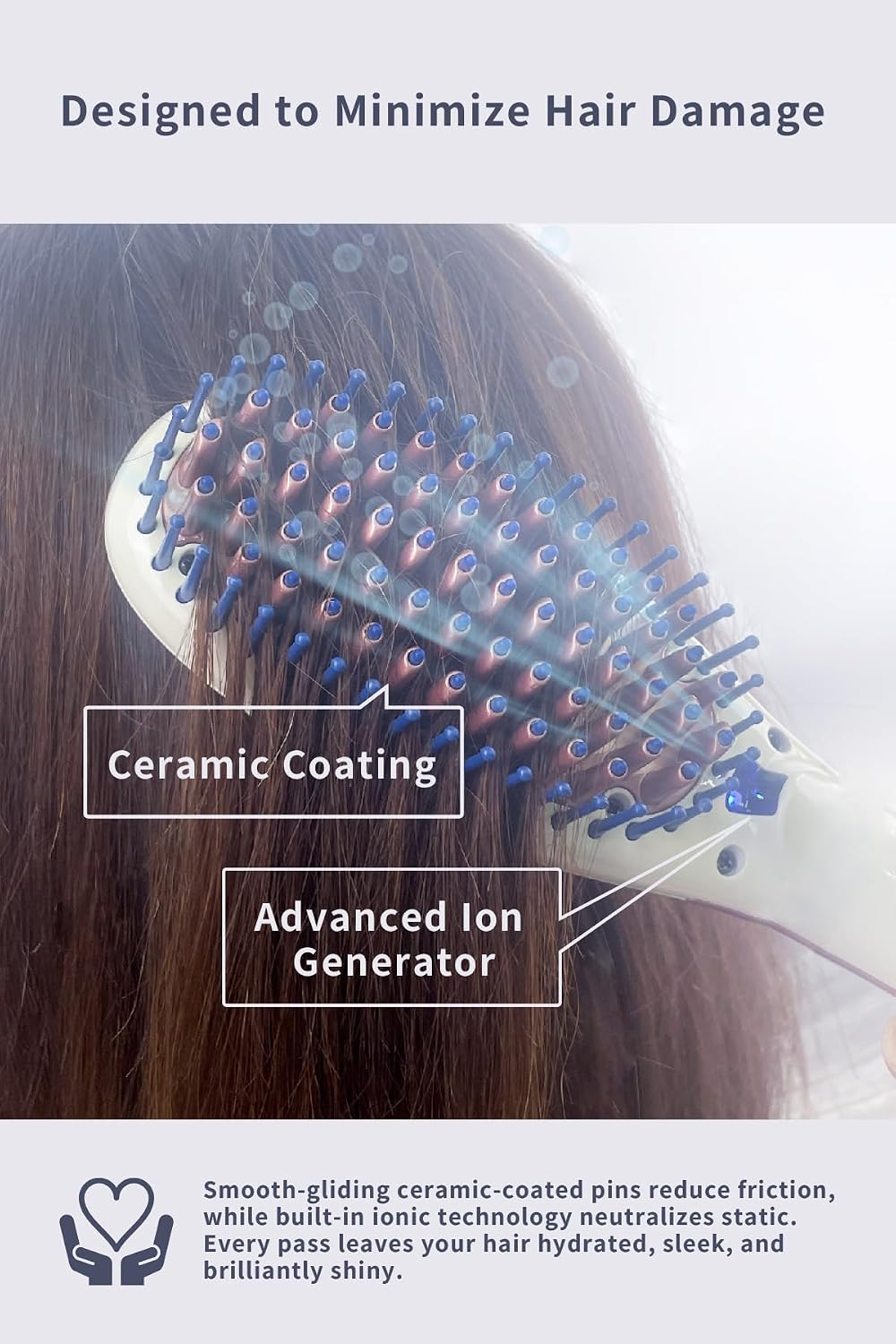 Areti Japan Ionic Hair Straightener Brush, Fast Heating 320°F-450°F, Ceramic Coating & Scalp-Protecting Silicone-Tipped Pins, Travel Dual Voltage, White (i2620WH)