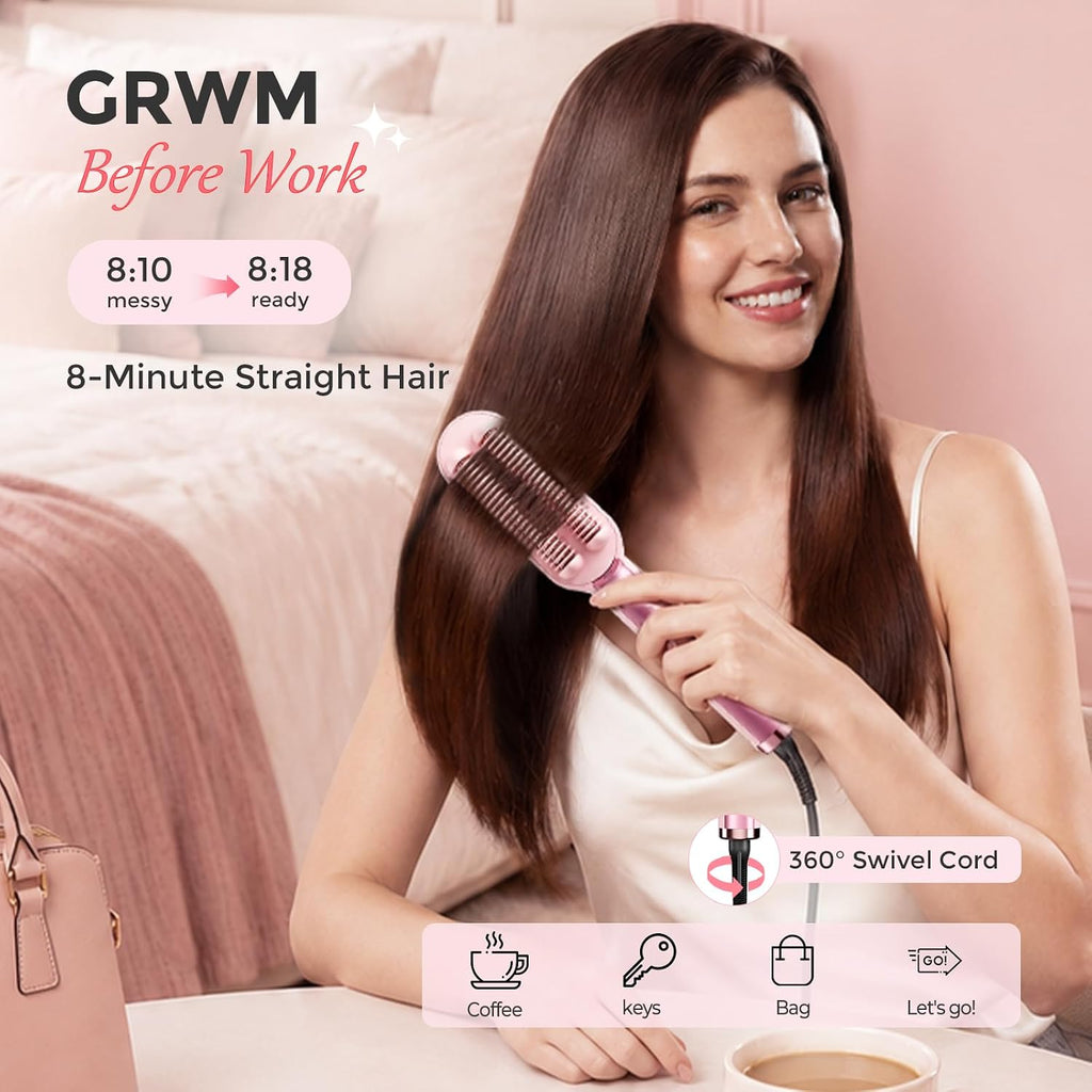 Ufree Hair Straightener Brush for Women, Double Row Ionic Hot Comb, Pink