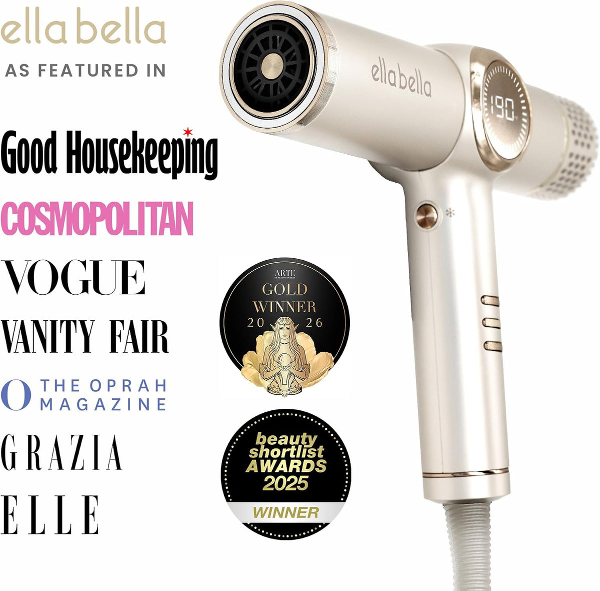 ELLA BELLA® Ionic Hair Dryer with Diffuser - Negative Ion Blow Dryer, Quiet