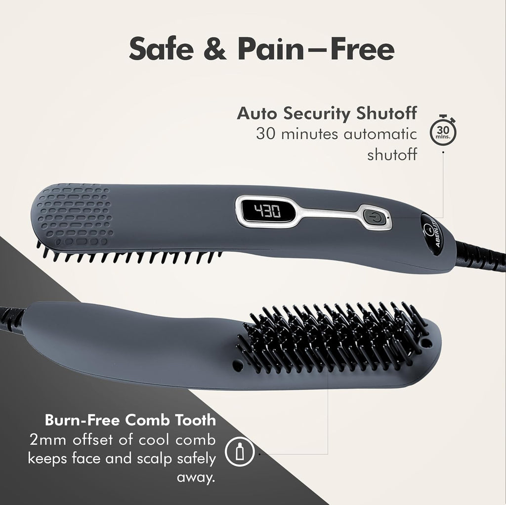 Aberlite EDC - Premium Beard Straightener Brush - Professional Heated Straightening Comb and Grooming Kit for Men (Gray)