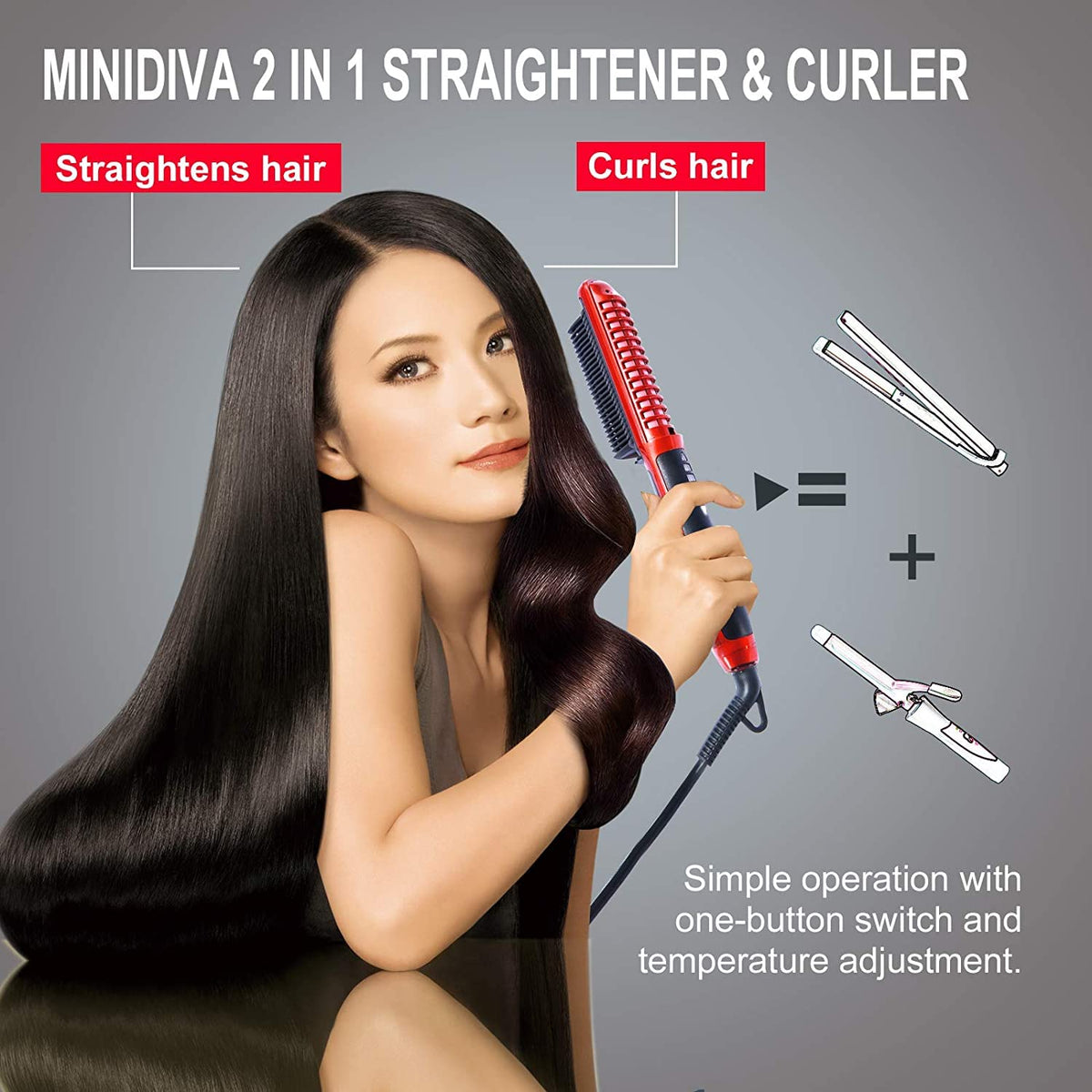 Minidiva 2-in-1 Hair Curler and Straightener with Anti-Scald, 30s Fast Ceramic Heating, 6 Heat Levels, Auto Off, 360 Swivel Cord Portable Hot Hair Straightener Brush for Home, Travel (Red)