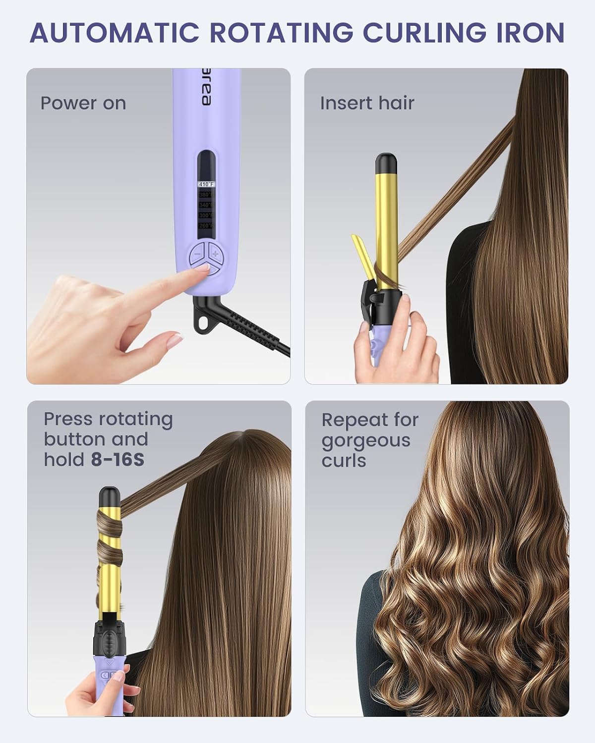Rotating Automatic Curling Iron Set 3 Ceramic Barrels for Long Hair Waves