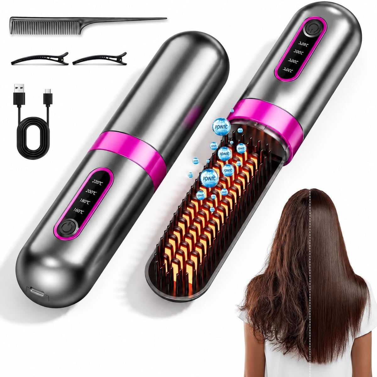 Cordless Hair Straightener Brush, Go Brush Pro for Short Hair, 4 Temperature Settings, Fast Heat, MCH Ceramic Care, 4000mAh Rechargeable Portable Travel Styling Tool for Women(Gray)