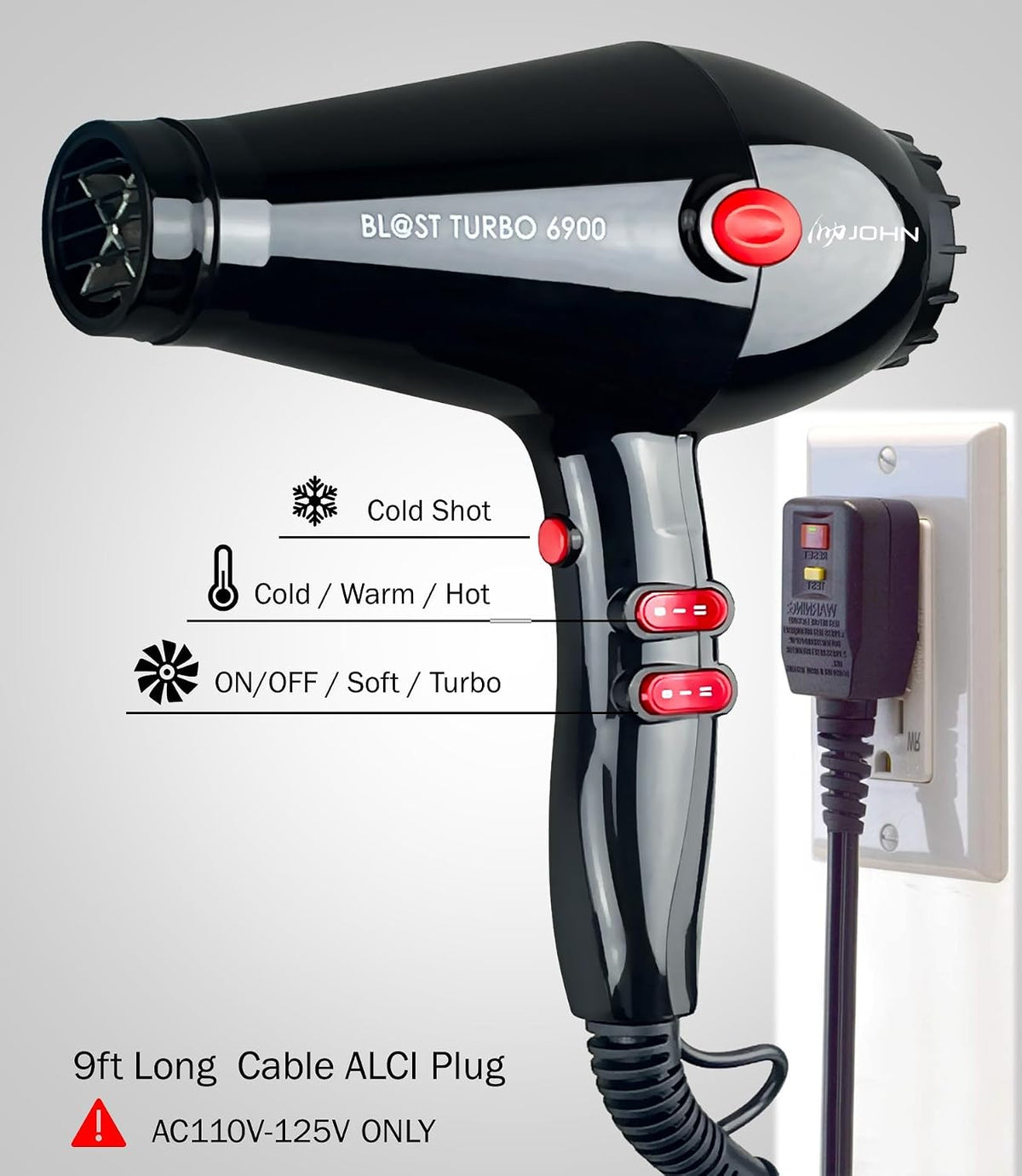 JOHN Hair Blow Dryer,Professional Salon Ionic 2200W,Blast Turbo 6900,Black