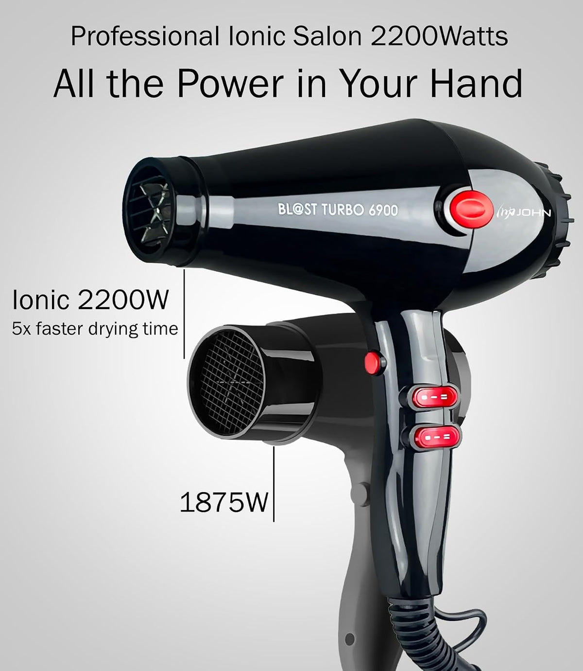 JOHN Hair Blow Dryer,Professional Salon Ionic 2200W,Blast Turbo 6900,Black