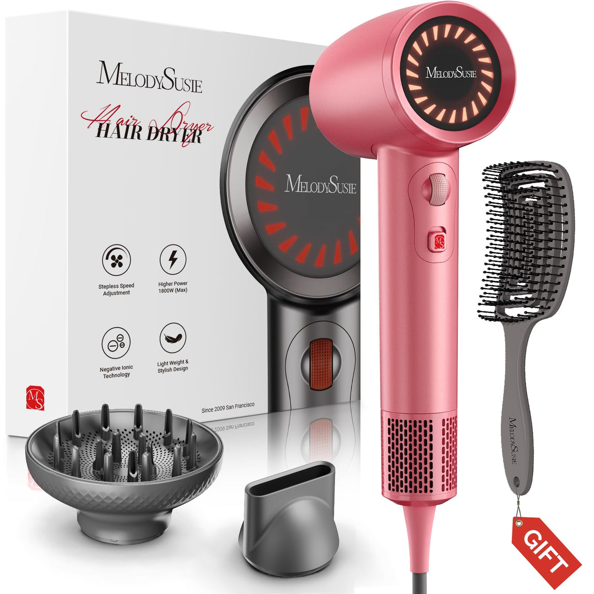 MelodySusie Hair Dryer,1600W Professional Ionic Hair Dryer for Fast Drying, 120,000 RPM High Speed Hair Blow Dryer with Nozzle for Home Salon Travel Without Hair Damage