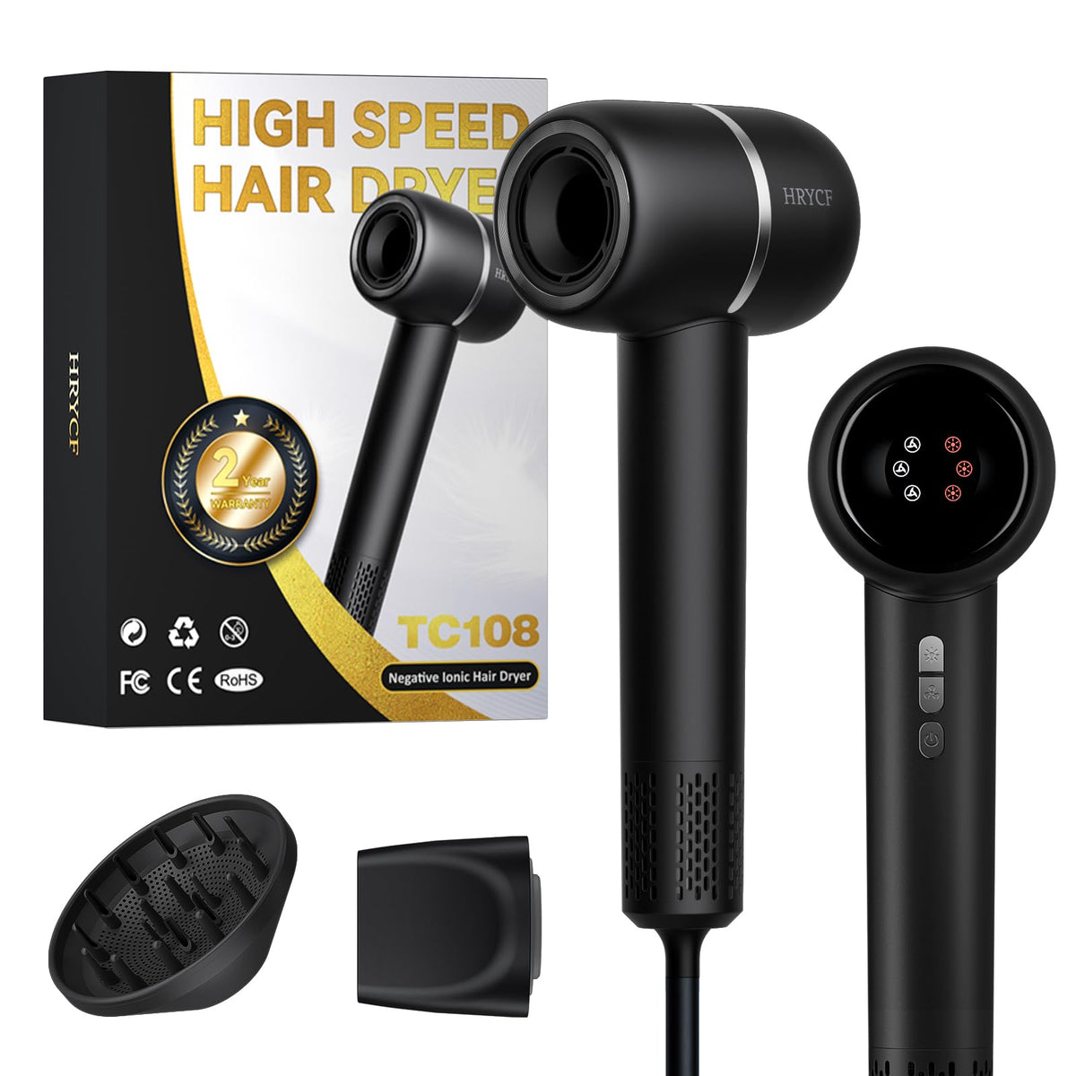 Professional Ionic Hair Dryer 160000RPM – High-Speed Brushless Blow Dryer with Smoothing Brush & Diffuser, Negative Ion Hair Care, Fast Drying, Thermo-Control, Low Noise, Lightweight, Portable, Black