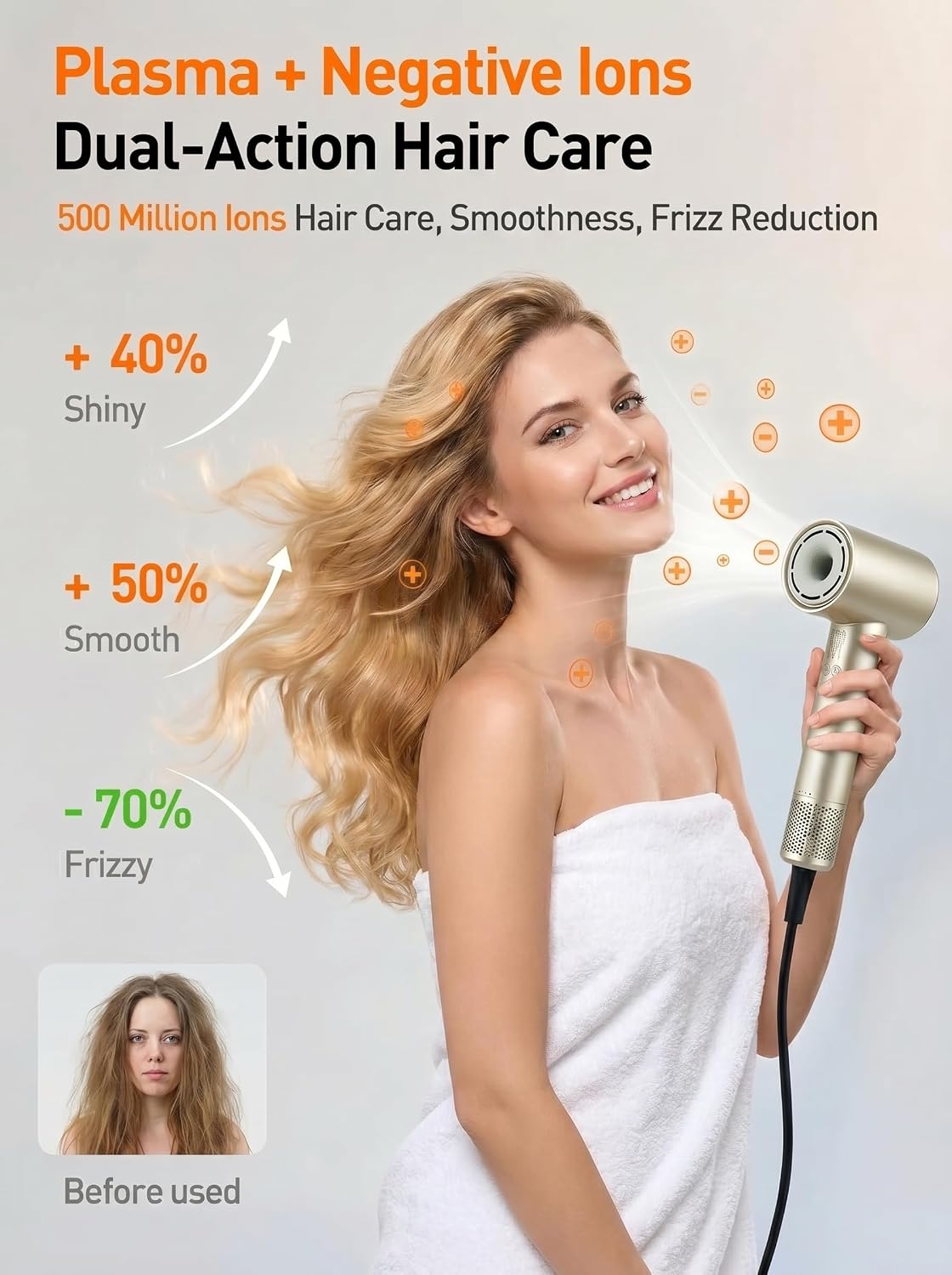WHS Hair Dryer, 110,000 RPM High Speed Brushless Motor Ionic Blow Dryer – Low Noise Lightweight 110V Travel Hair Dryer with Concentrator Nozzle, Fast Drying for Home & Travel (Gold)