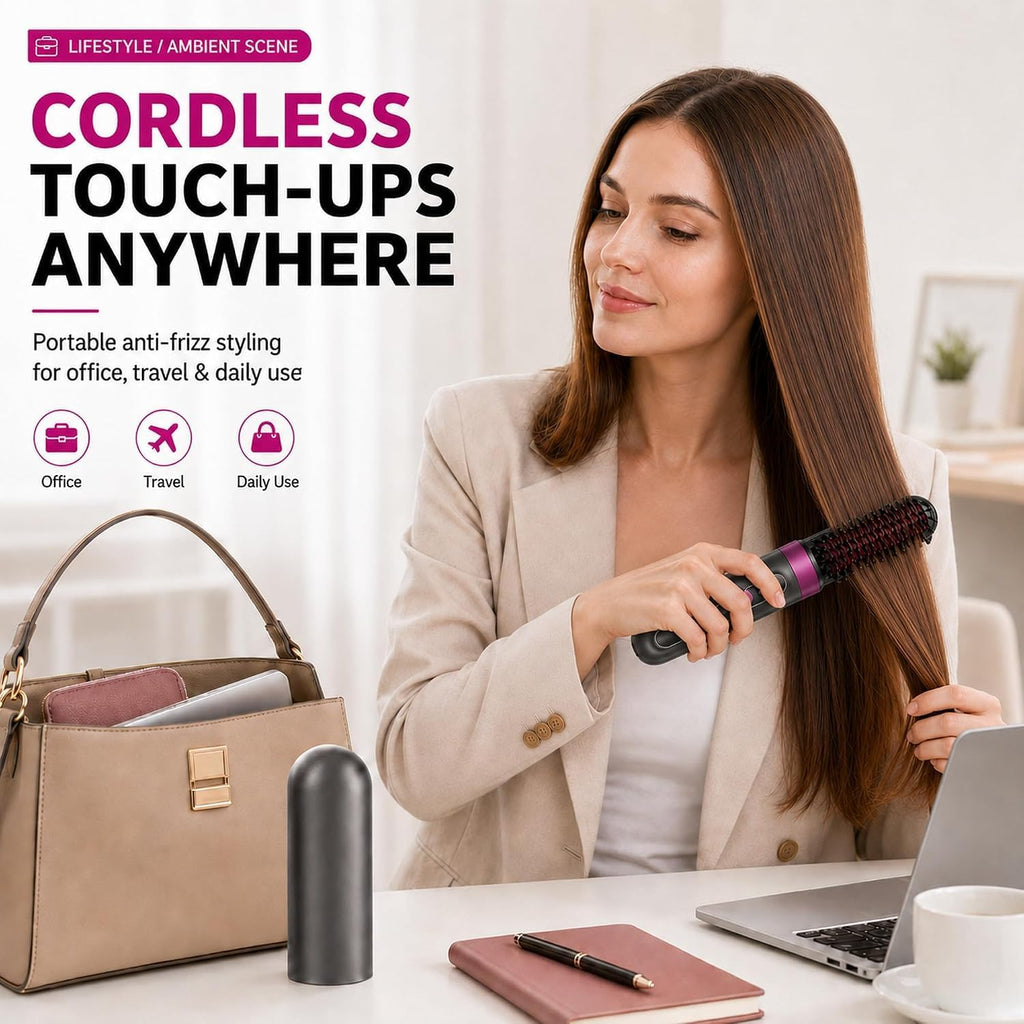 Cordless Hair Straightener Brush for Women, Fast Heating Anti-Frizz Hair Styling Tool, 3 Heat Settings, 300M Negative Ions, Portable Rechargeable Straightening Brush for Travel & Daily Use