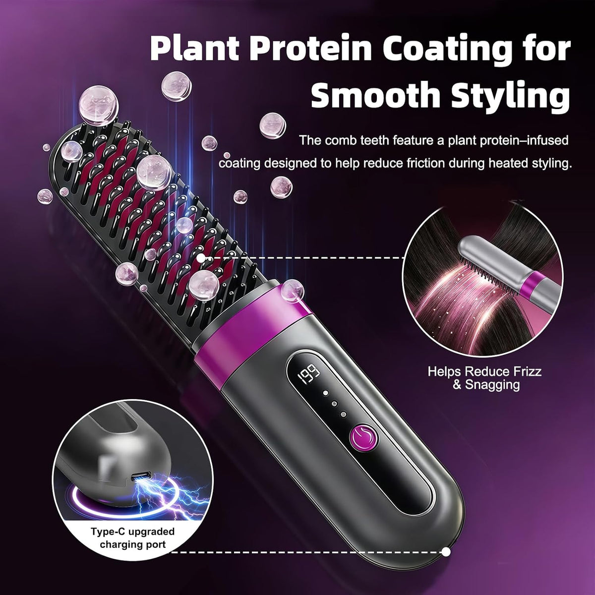 Cordless Hair Straightener Brush for Women, Fast Heating Anti-Frizz Hair Styling Tool, 3 Heat Settings, 300M Negative Ions, Portable Rechargeable Straightening Brush for Travel & Daily Use