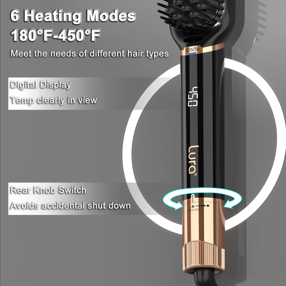 LURA Ionic Hair Straightener Brush,Dual Voltage Hair Straightening Brush for Women,High Heat Flat Iron Brush for Black Women，Ceramic Hair Straightener Comb with 6 Adjust Temperature