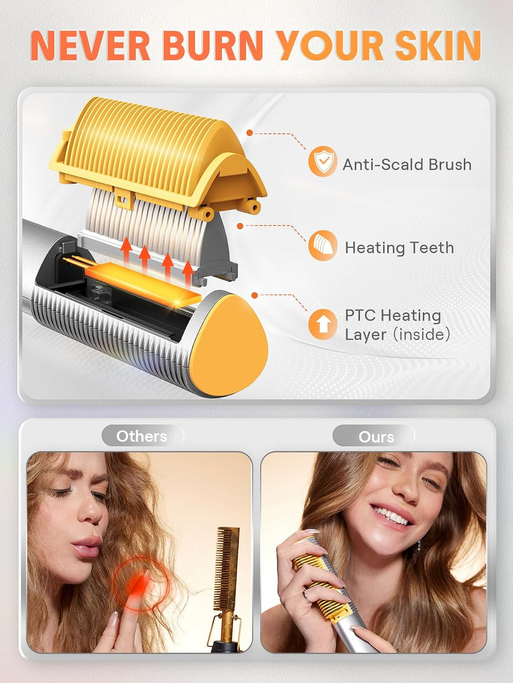 SHEGLAM Hair Straightener Brush, Hair Straightener with 24K Gold Comb, 3D Ionic Hot Comb Straightener, Anti-Scald Design, Auto-Off, Frizz Control, Sleek & Smooth Styling