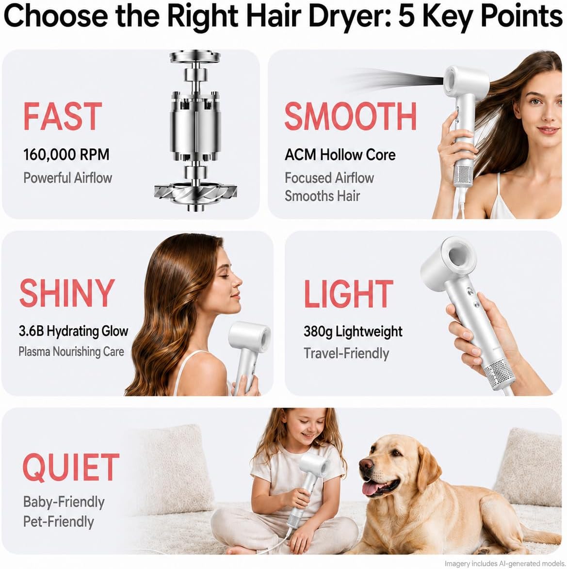 High-Speed Ionic Hair Dryer with Diffuser, 160,000 RPM Motor