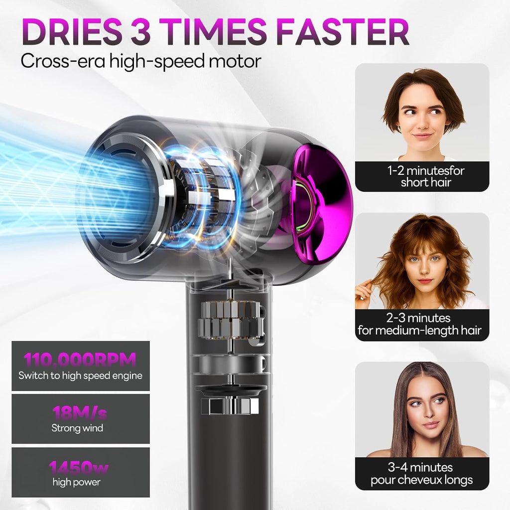 Hair Dryer, High-Speed Ionic Low Noise Blow Dryer with Diffuser for Fast Drying, Professional 500 Millions Negative Ionic Thermo-Control Hairdryer, Travel with Magnetic Diffuser & Nozzle