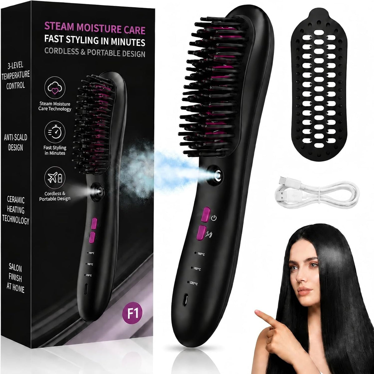 Cordless Mist Straightening Comb Portable Steam Hair Straightener Brush 3 Temp Settings Rechargeable Hydrating Electric Spray Technology All Types with Detangling Style Smart