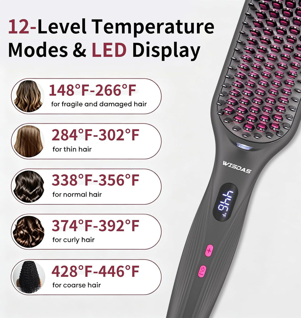 Hair Straightener Brush, Ionic, Dual Voltage, 11 Heat Settings (Gray)