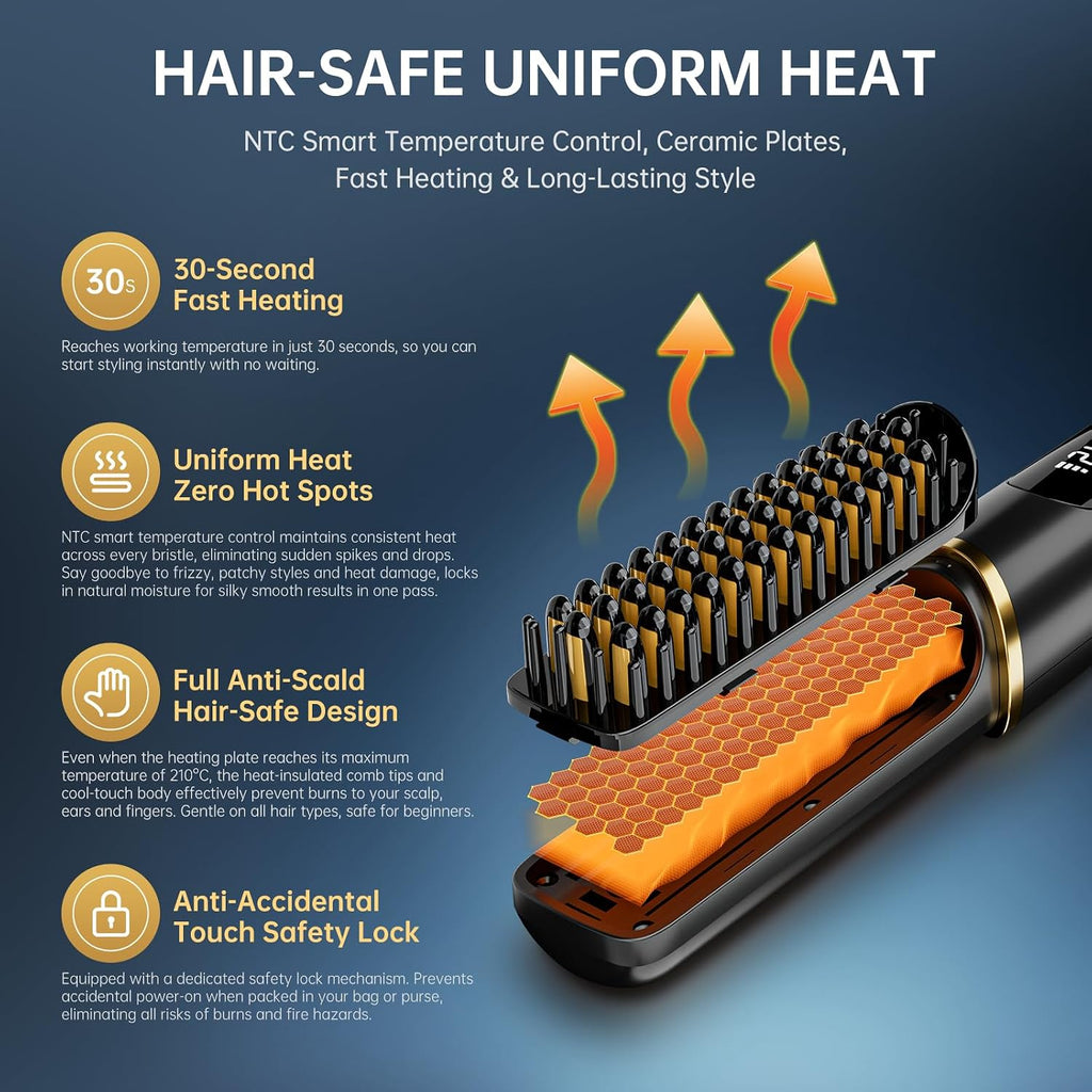 Cordless Hair Straightener Brush, Negative Ionic Hot Comb for Women Travel