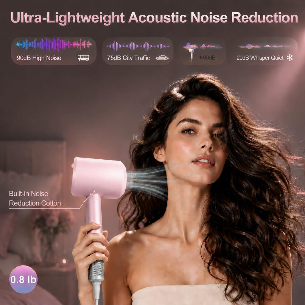 High Speed Hair Dryer with Magnetic Nozzle, Smart Hot & Cold Cycle Ionic Blow Dryer, Low Noise Lightweight Travel Pink Hairdryer, 105K RPM Brushless Motor for Fast Drying