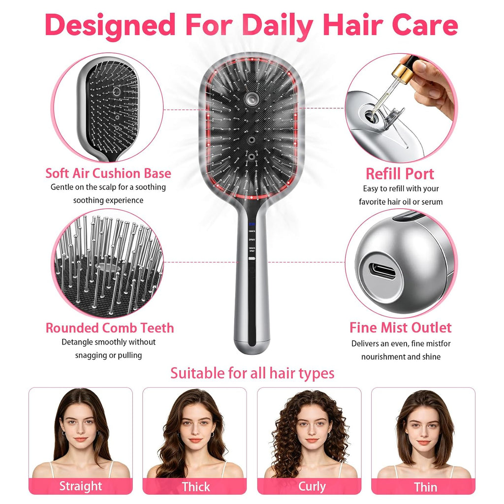 5-in-1 Electric Spray Air Cushion Massage Comb for Women Misting Hair Brush Anti-Tangle Hair Comb for Dry Frizzy Hair, Steam Mist Straightening Comb for Ladies Curly Hair Brush with Water Spray