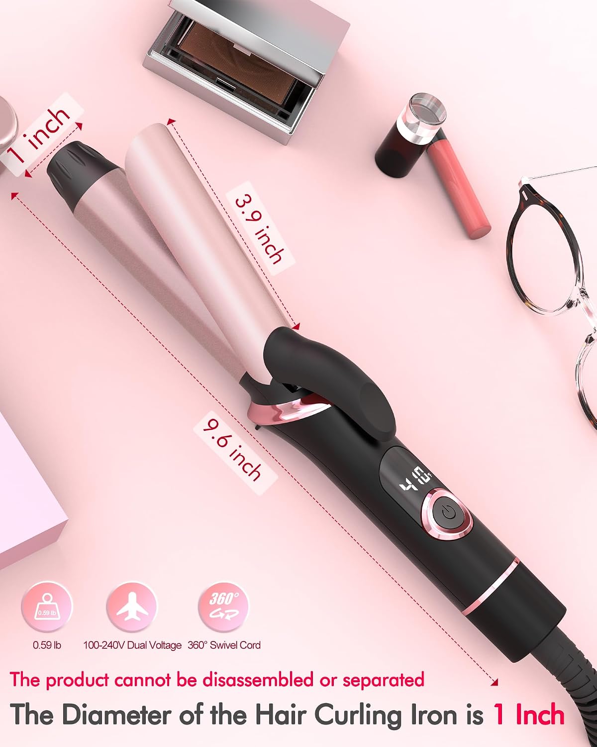 Travel Curling Iron, Dual Voltage with European, UK Plug Adapter, Small Hair Curler for Women, 5 Temperature Settings for All Hair Types up to 410℉, 1 Inch