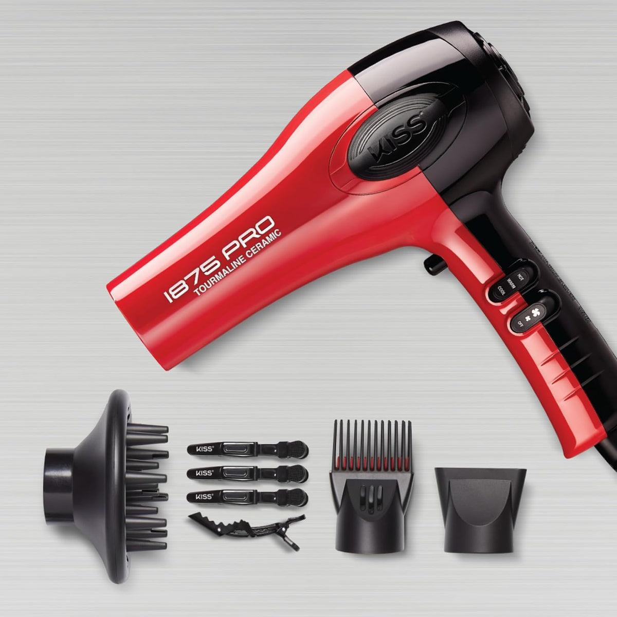 Kiss 1875 Watt Pro Tourmaline Ceramic Hair Dryer, Styling Edition, 3 Heat Settings, 2 Speed Settings, Cool Shot Button, 7 Blow Dryer Accessories Included, 2-Year Warranty - Red