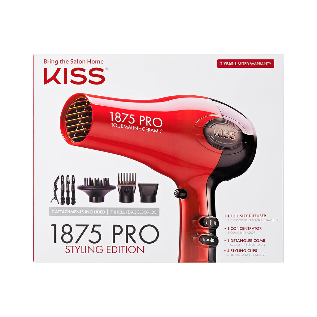 Kiss 1875 Watt Pro Tourmaline Ceramic Hair Dryer, Styling Edition, 3 Heat Settings, 2 Speed Settings, Cool Shot Button, 7 Blow Dryer Accessories Included, 2-Year Warranty - Red