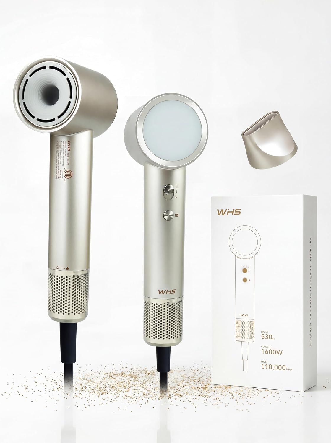 WHS Hair Dryer, 110,000 RPM High Speed Brushless Motor Ionic Blow Dryer – Low Noise Lightweight 110V Travel Hair Dryer with Concentrator Nozzle, Fast Drying for Home & Travel (Gold)