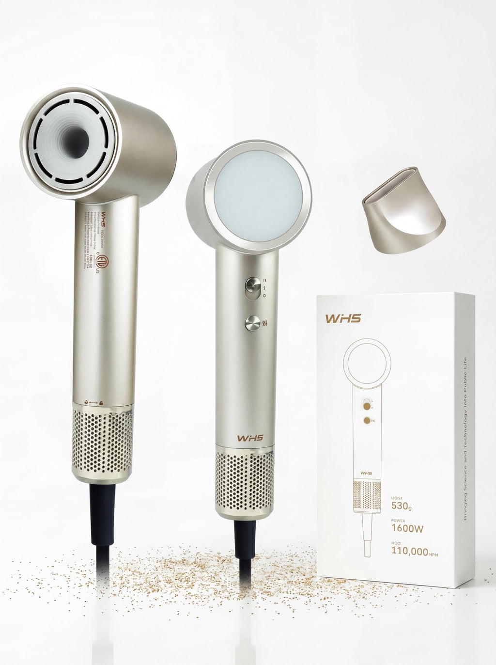 WHS Hair Dryer, 110,000 RPM High Speed Brushless Motor Ionic Blow Dryer – Low Noise Lightweight 110V Travel Hair Dryer with Concentrator Nozzle, Fast Drying for Home & Travel (Gold)