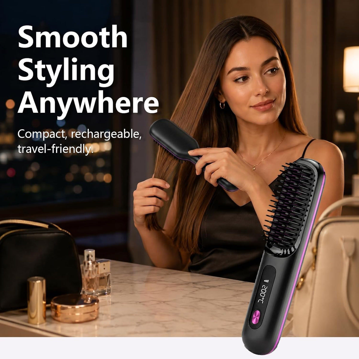 Go Brush Pro Cordless Hair Straightener Brush, Portable Wireless Straightening Comb with 3 Temp Settings (320°F-375°F), USB Rechargeable, Ceramic Heating Anti-Scald Hot Brush for Trave