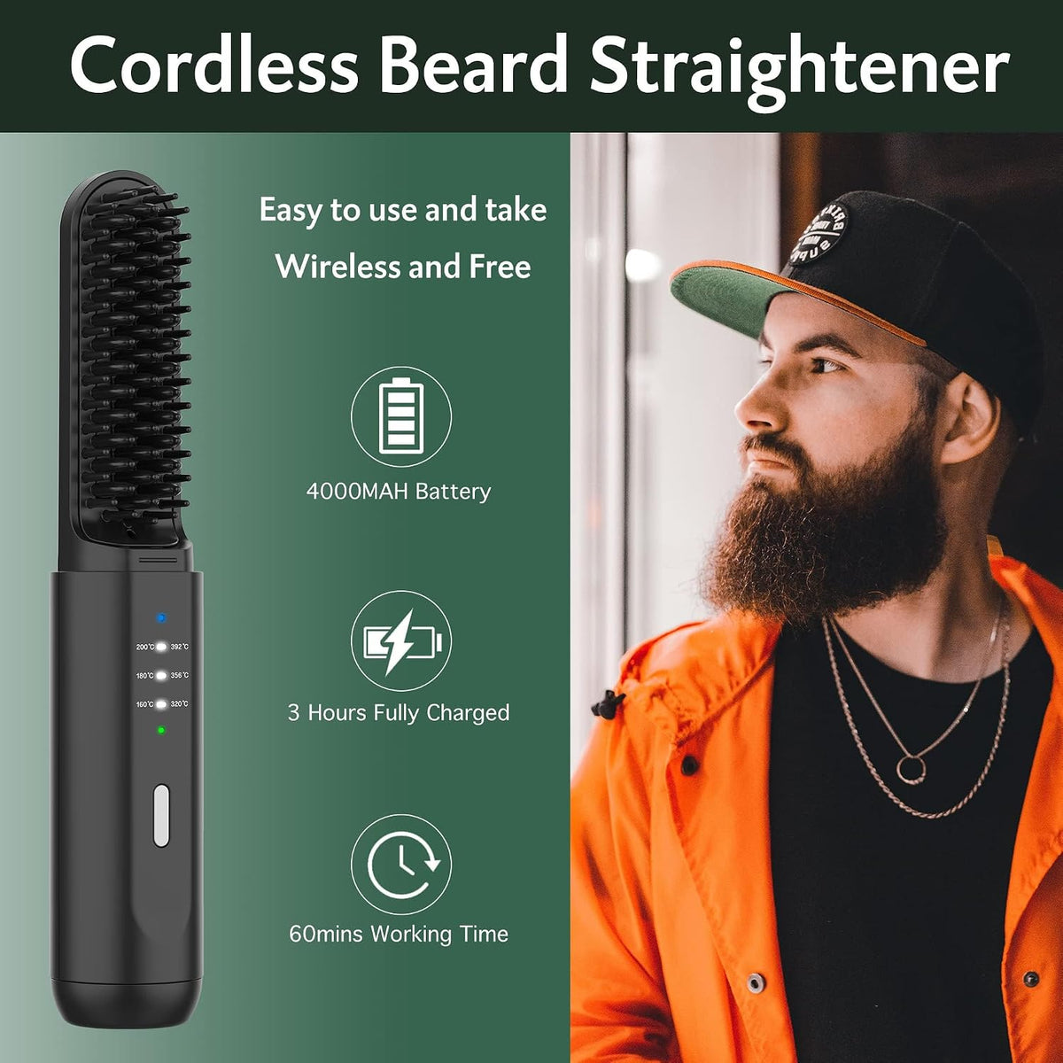 Cordless Beard Straightener for Men, Heated Beard Brush For Travel & Home