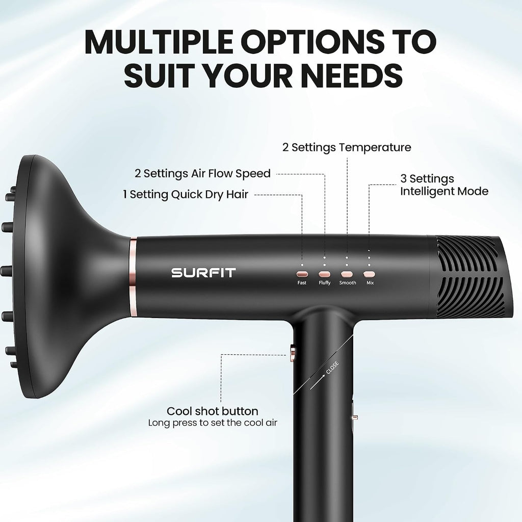 Surfit Hair Dryer with Diffuser, 110,000 RPM High-Speed Ionic Hair Dryer for Fast Drying, Lightweight Foldable Travel Blow Dryer for Women, Quiet Professional Hair Dryer, Gift for Women