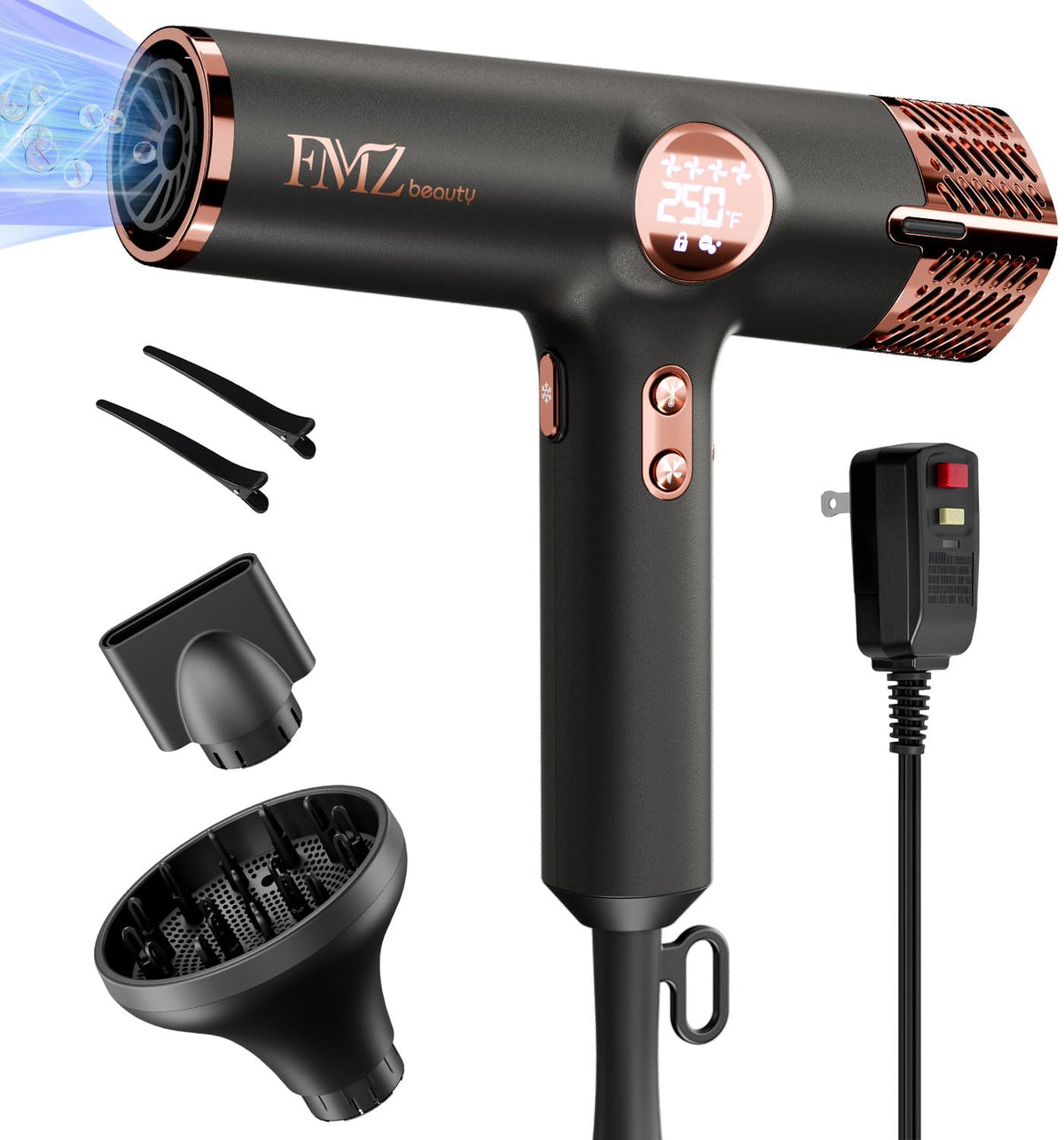 FMZ Professional Ionic Hair Blow Dryer with Smart Display, 1875W High Speed Brushless Motor for Fast Drying, Small Portable Light weight Low Noise, Curly Diffuser Blowdryer for Women Kids Salon Travel
